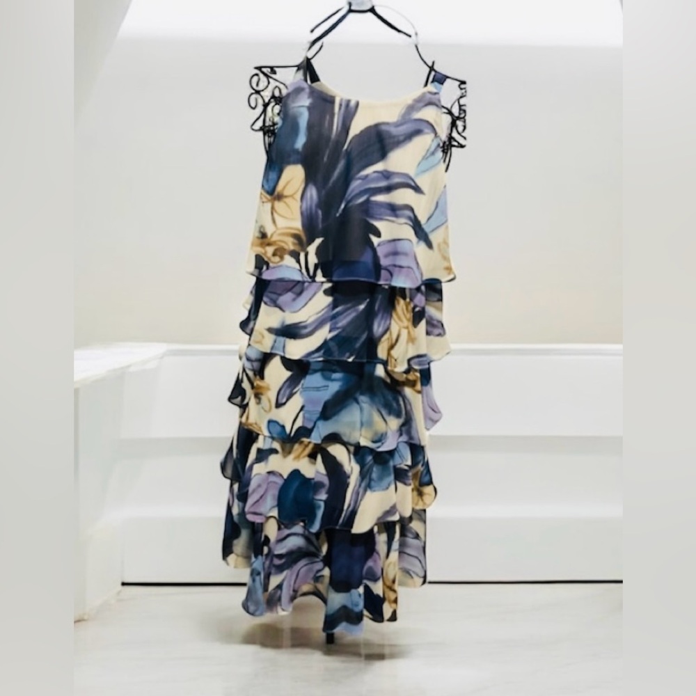 DRESSBARN FLORAL, TIERED, SL/LESS RUFFLED PRINTED DRESS S-M